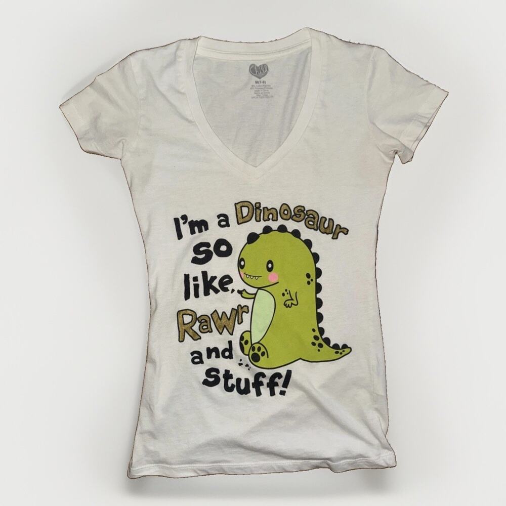 Vintage Y2K Emo Goth Rawr V-neck T-Shirt White Med 16x25